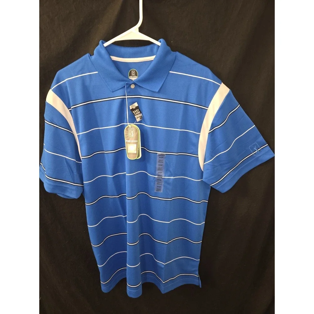 PGA Tour - Pro Series Athletic Fit Golf‎ Polo - Blue Striped L UV PROTECTION NWT
